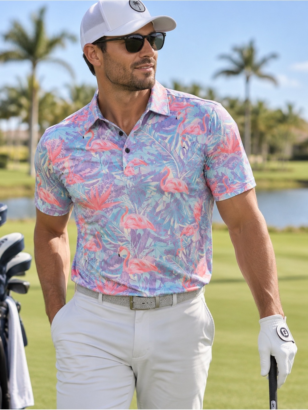 Deolax Men’s Flamingo Tropical Golf Polo Shirt Performance XL
